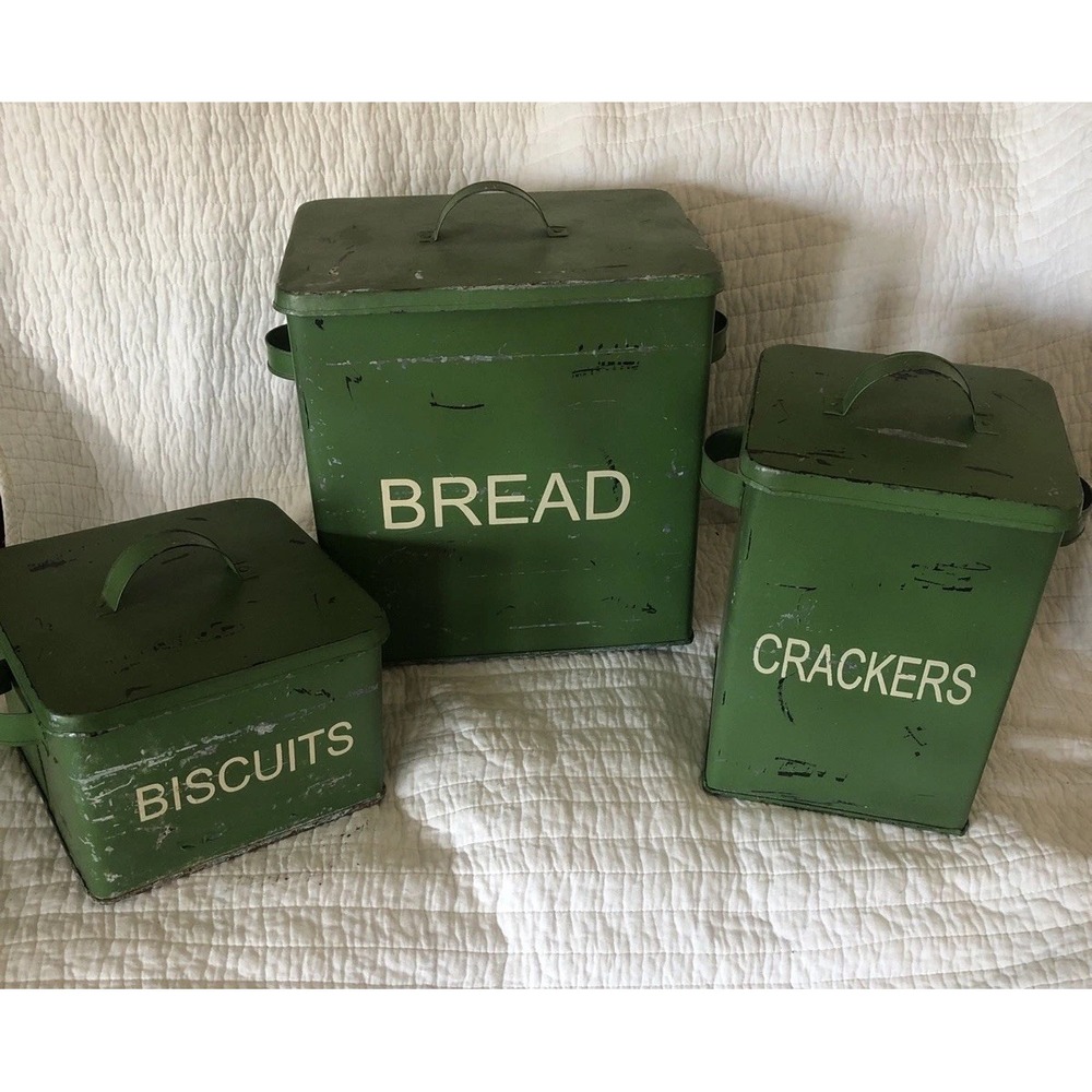 VTG Two's Company Green Metal Canisters Bread, Crackers & Biscuits Farmhouse